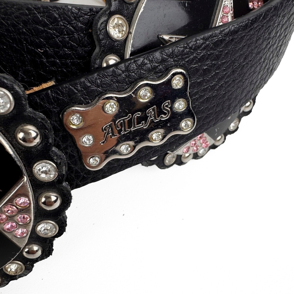 Atlas Black Leather Rhinestone Cross Starburst Concho Belt Pink Silver Western